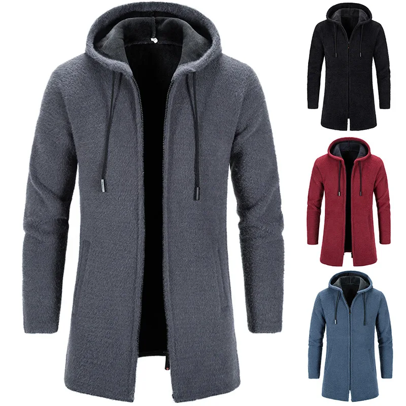 

2023 Autumn And Winter Men's Fashion Versatile Knitted Cardigan Medium And Long Hooded Mink Outer Windbreaker