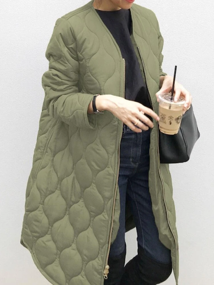 

Women's Winter Jacket Super Hot Zipper V-Neck Long Green Loose Warm Plaid Top Casual Streetwear Quilted Coats Female Cardigan