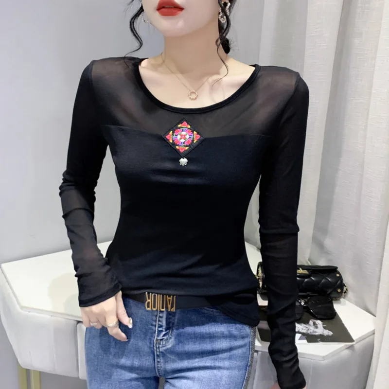 

#8114 Black Green Red Mesh T Shirt Women Vintage Embroidery Chinese Style Tight Short Elastic T Shirt Female Long Sleeve Sexy