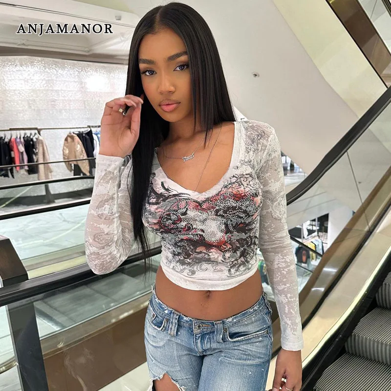 

ANJAMANOR Graphic Tees Streetwear Gurnge Y2k Clothes Crop Top Long Sleeve Abstract Printed T Shirt Women Fall 2023 D70-BF17