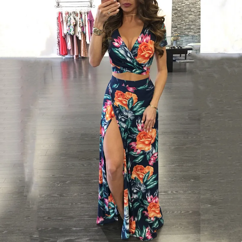 

Женский комплект из двух предметов с цветочным принтом, привлекательный укороченный топ с V-образным вырезом и юбка, женская летняя Новинка ...