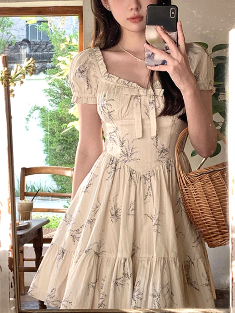 

Летнее милое платье с бантом, женское французское винтажное мини-платье с рукавами-фонариками, женское модное платье в Корейском стиле с цветочным принтом, модель 2023 года