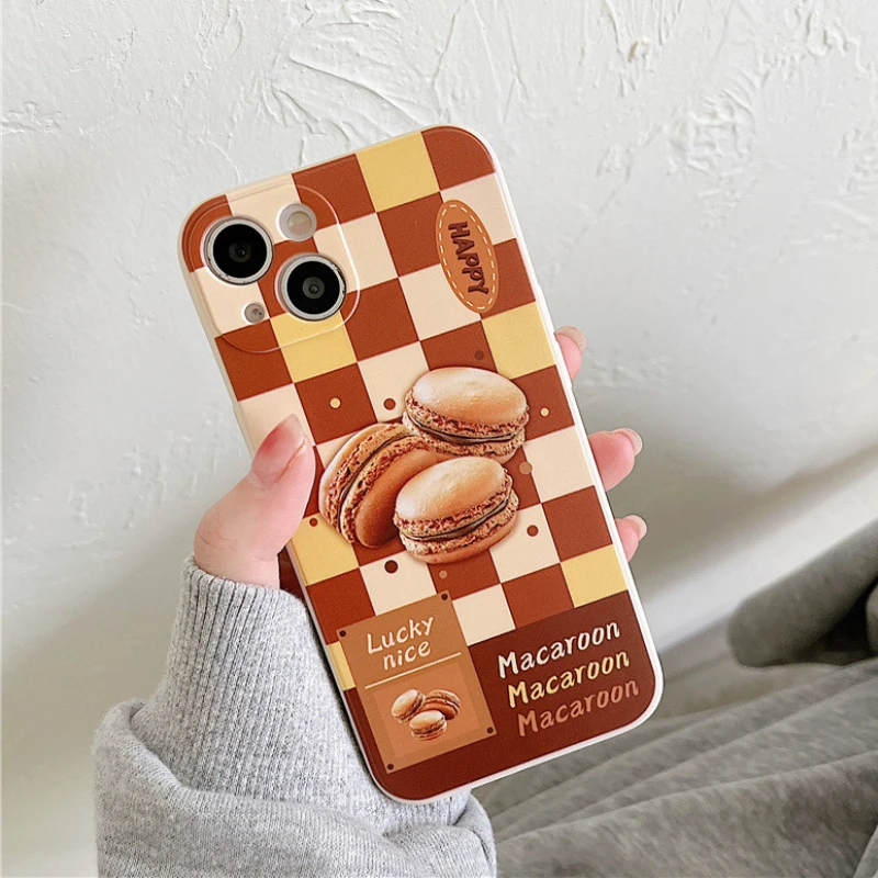 

Cute Chocolate Plaid Macaron Biscuit Phone Case For iPhone 13 11 12 Pro Max X XR XS Max MINI 7 8Plus Cartoon Silicone Soft Cover