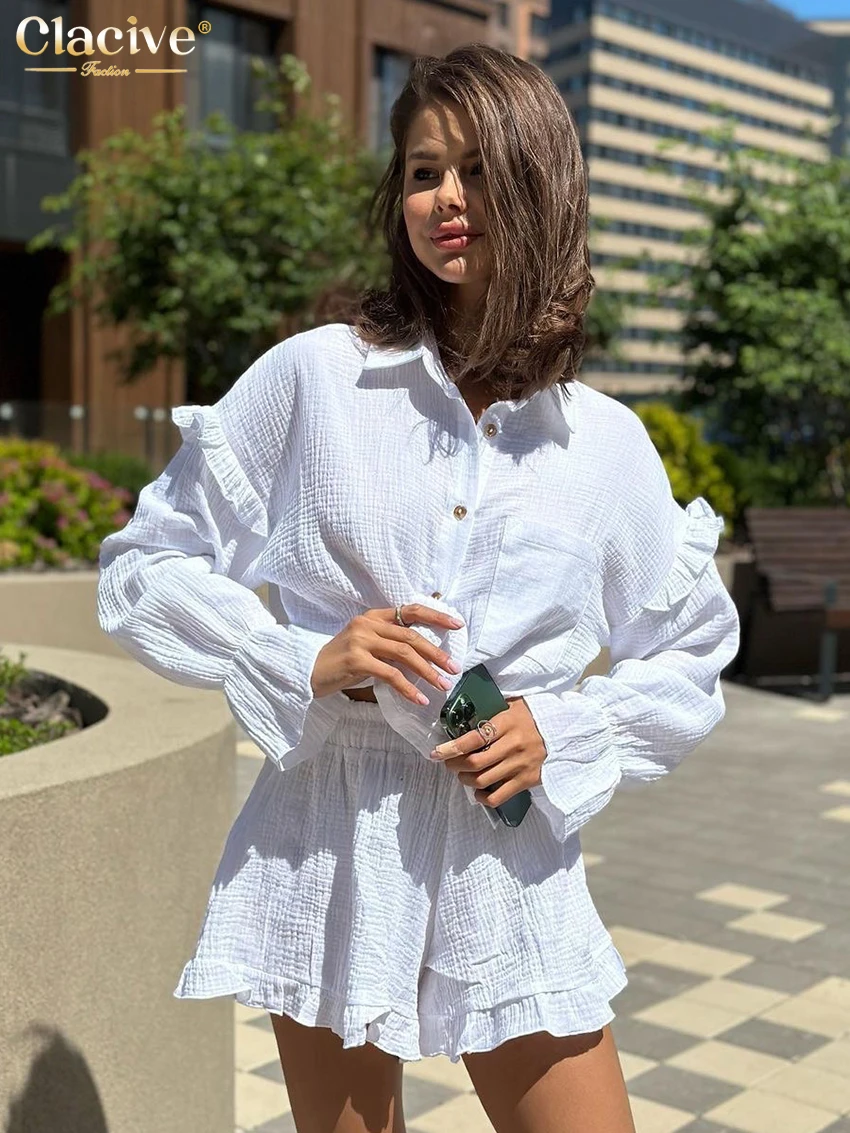 

Clacive Casual Loose White Cotton 2 Piece Set Women Outfit Fashion Long Sleeve Shirt With High Waist Ruffle Shorts Set Female