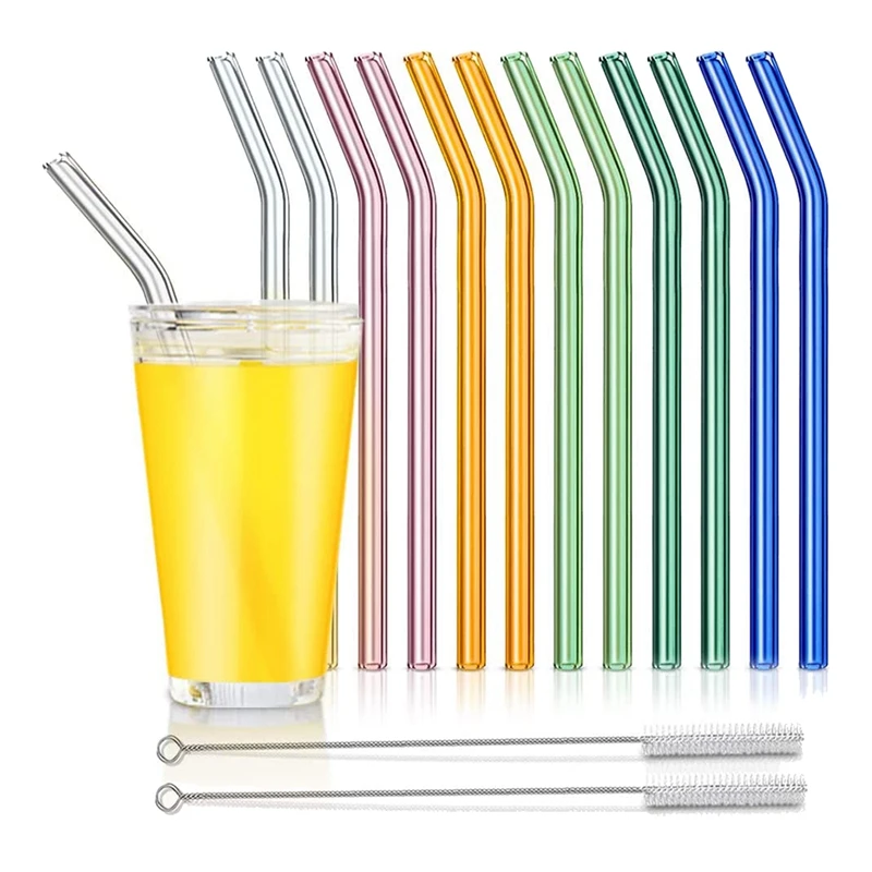 

12 Pcs Glass Drinking Straws Reusable Straight Curved Glass Straws with Cleaning Brush Eco-friendly Straws for Cocktail Milk