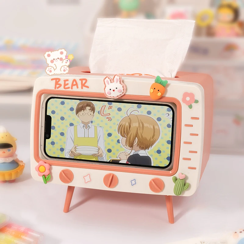 

Multifunction Tissue Box Holder for Home, Kawaii Desktop Decor, Tv Tissue Box Case, Pink Phone Holder, Storage Organizer, 1Pc