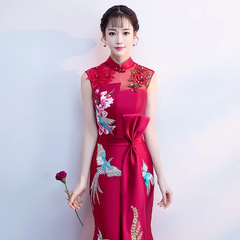Elegant Mermaid Formal Party Dress Chinese Style Satin Celebrity Banquet Qipao Cheongsam Embroidery Applique Vestidos