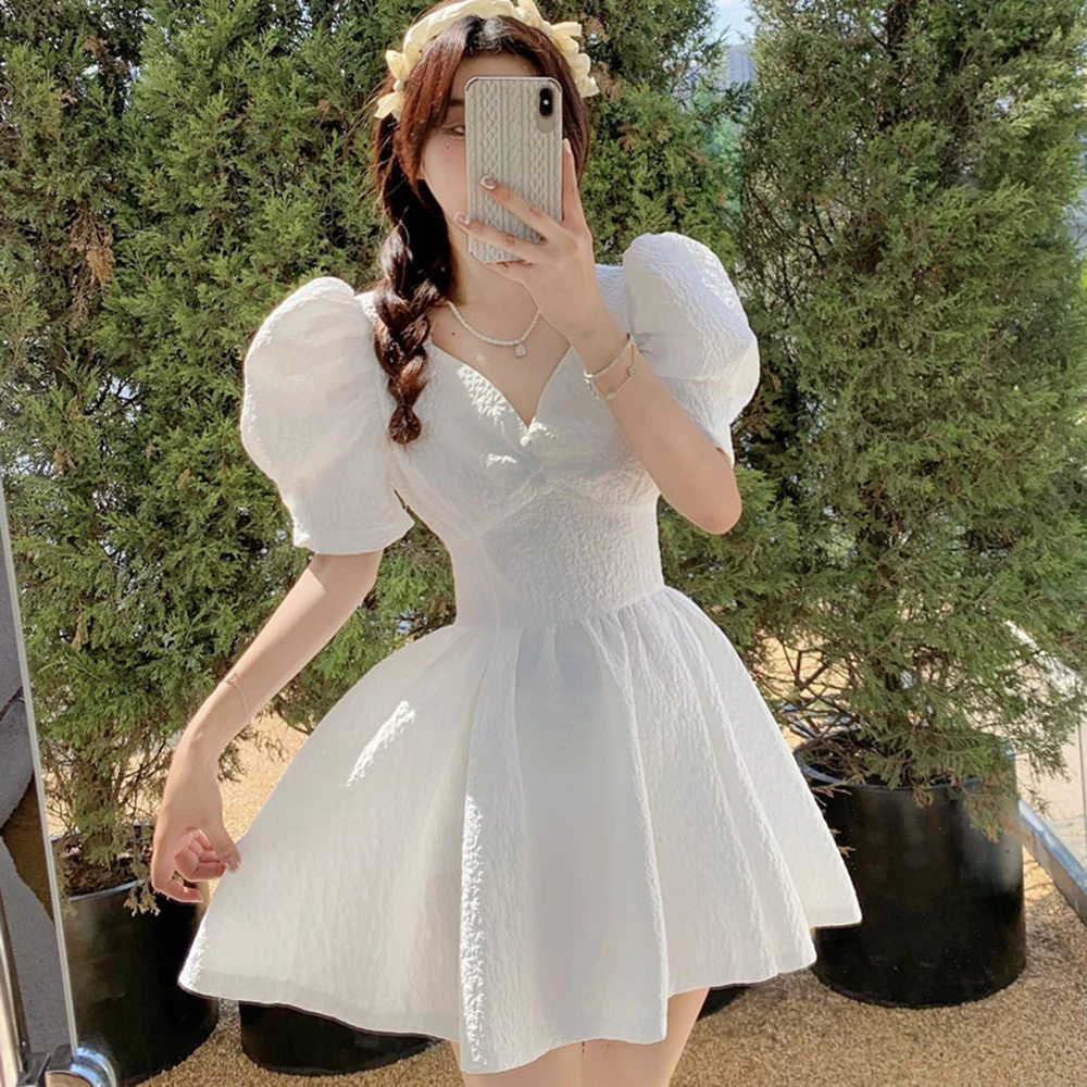 

Женское винтажное платье с пышными рукавами, белое жаккардовое мини-платье принцессы с глубоким V-образным вырезом в французском стиле, мил...