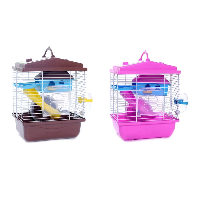 

2 Pcs Pet Cage Hamster Cottage With Transparent Skylight Double Layer House For Golden Hamster Pet, Coffee & Pink