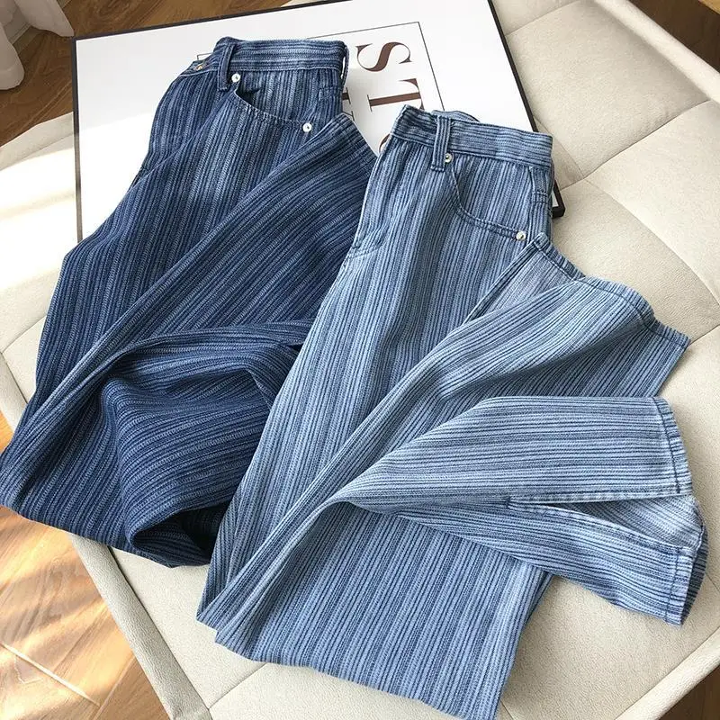 

Korean Style New Arrival Spring Autumn Women Stripe Cotton Denim Ankle-length Pants Button Fly Waist Straight Jeans P387