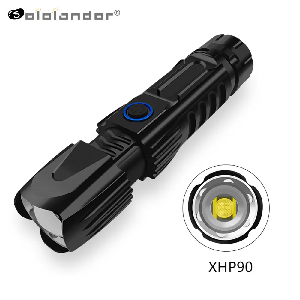 Sololandor New LED Flashlight XHP90 Torch Micro USB Rechargeable Zoom Waterproof Lamp Searchlight Emergency Charging Treasure
