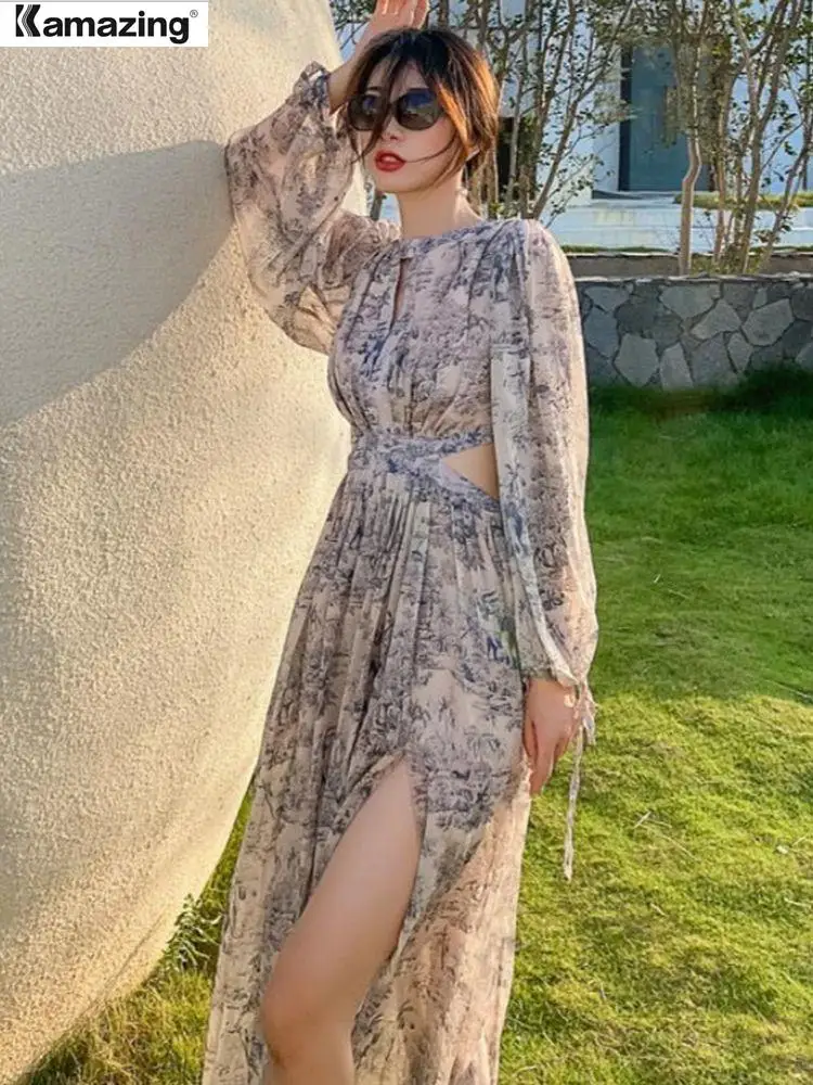 

2022 Summer Spring New Women One Piece Fashion Elegant Casual Print Midi Dresses Female Vintage Robe