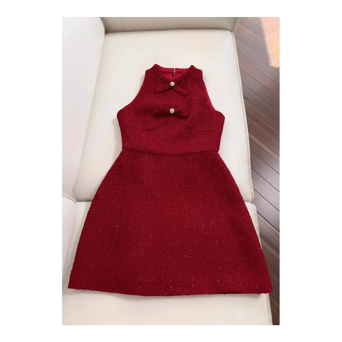 2025 Spring and Autumn Red New Year Women clothes Light Luxury Graceful Tweed Socialite Small Hanging Neck Formal Dress