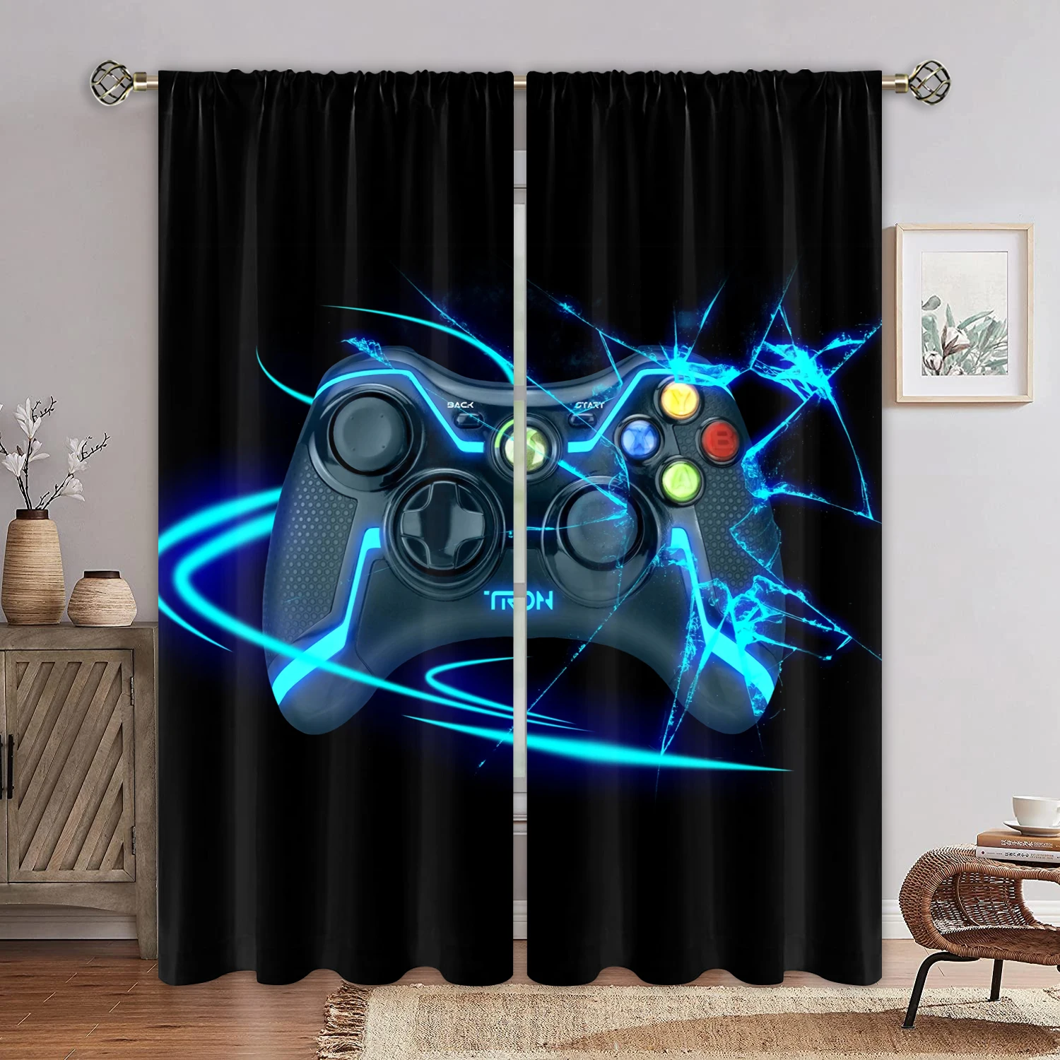 Cool Gaming Controller Curtains Lightning Pattern Drapes Blue Gamer Theme Living Room Bedroom Decor 2 Panels Set