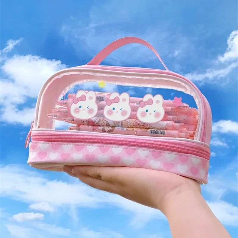 

Portable Double Layer Pencil Case Transparent PVC Splash Prevention Layer Large Kawaii Cartoon Pencil Bags Girls School Supplies