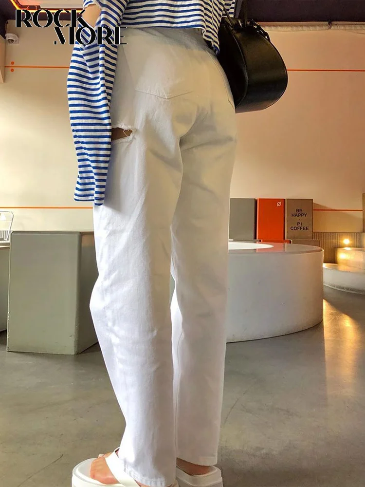 Rockmore/хлопковые джинсы с высокой талией и дырками белые повседневные Прямые брюки
