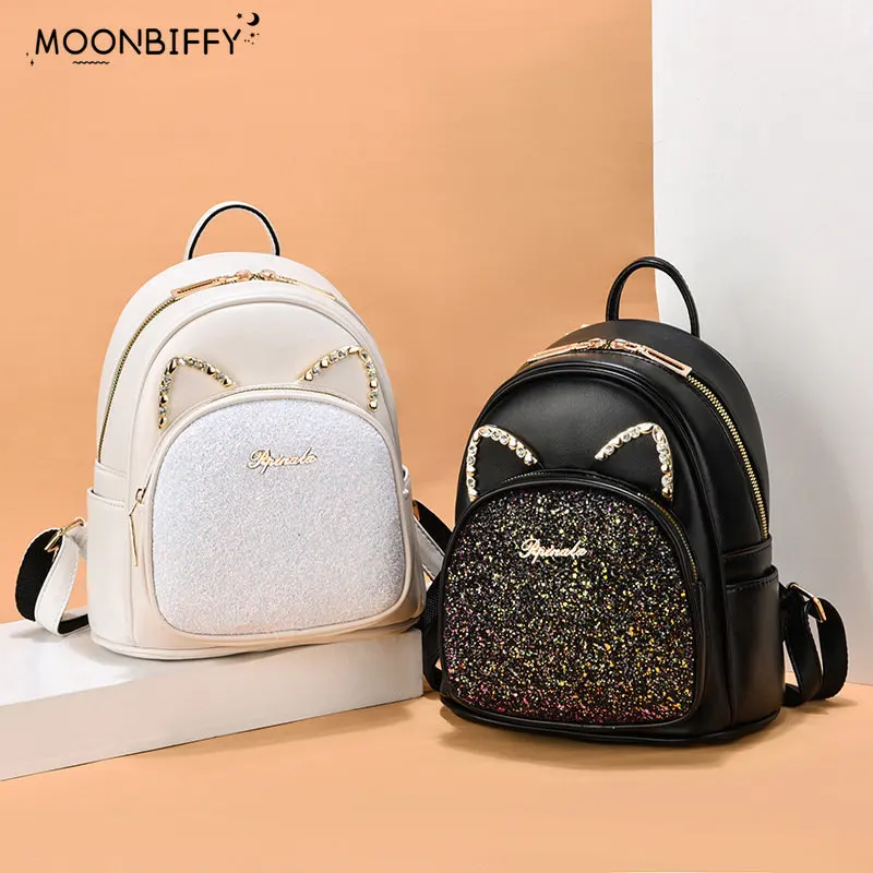 

Lovely Cat Women Female Leather Backpack Diamond Sequin Women Backpack Rhinestone Korea Dual-use Shoulder Bag Mochilas