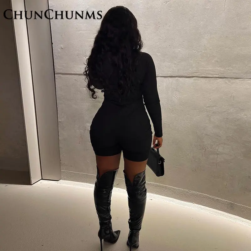 Black Letter Printed Embroidery Long Sleeve Tight Shorts Jumpsuit Women Sport Jogger Romper Street Playsuit One Piece Pant 2023