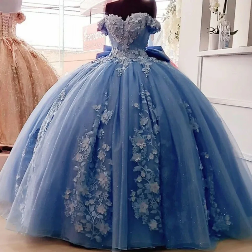 

2024 Sky Blue Quinceanera Dresses and 3D Floral Applique With Big Bow Vestidos XV Años Sweet 16 Dress Bow robe de soiré
