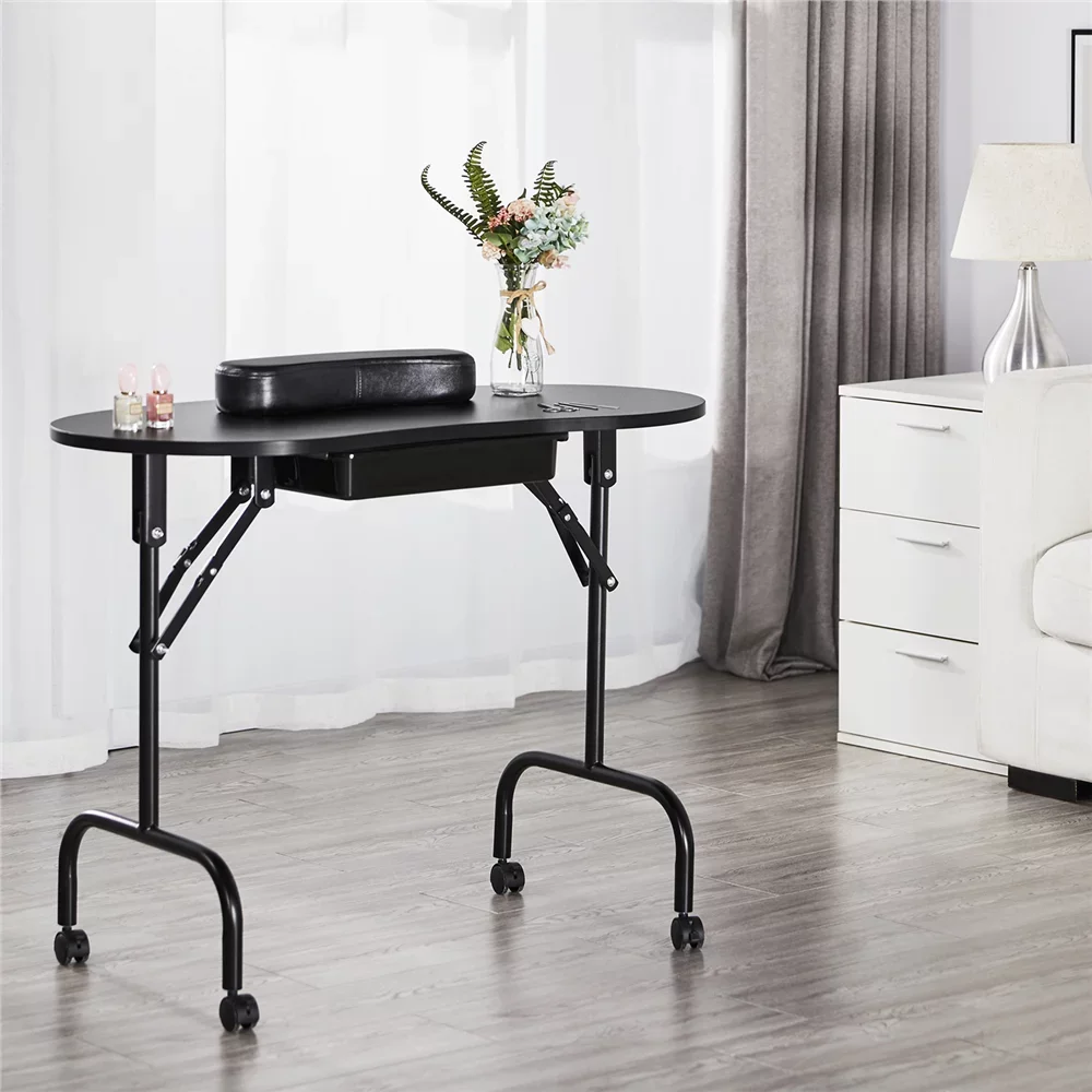 

Складной столик для маникюра с запираемыми колесами и сумкой, черный педикюрный мобильный стол для ногтей, мебель для салона