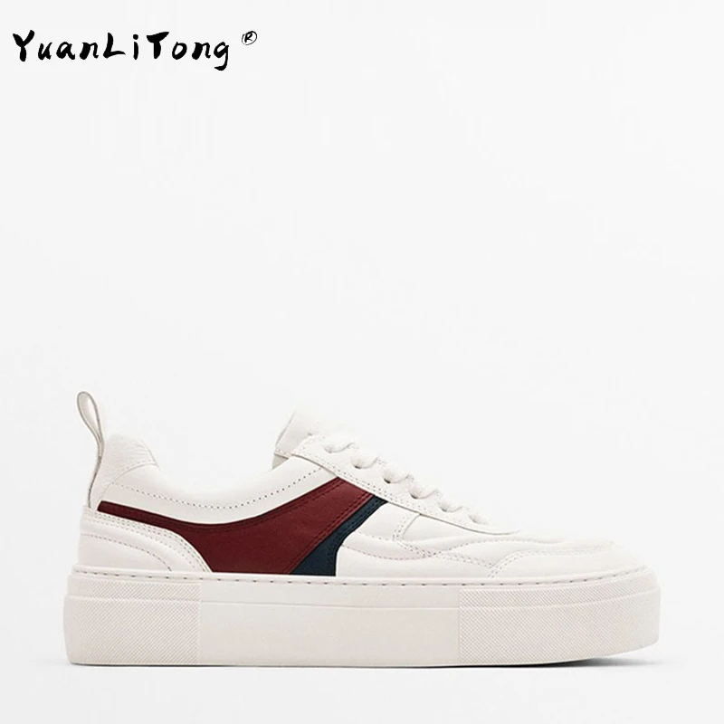 

Luxury Brand MD 2023 Spring Women Sneakers Genuine Leather Mixed Color Lace Up Chunky Heel Platform Sneakers Women Shallow Shoes
