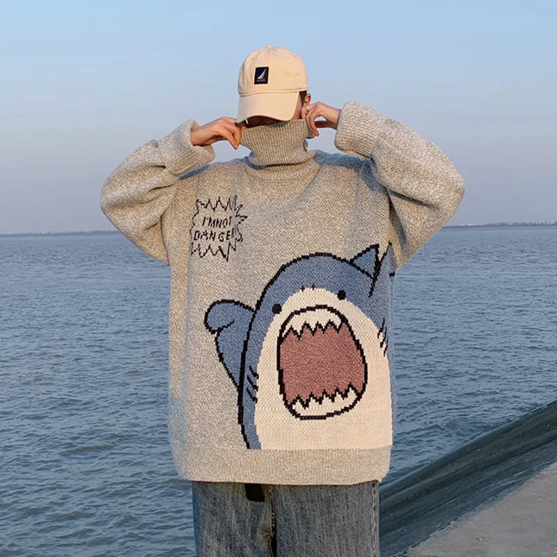 

Men Turtlenecks Shark Sweater Men 2023 Winter Patchwor Harajuku Korean Style High Neck Oversized Grey Turtleneck For Men
