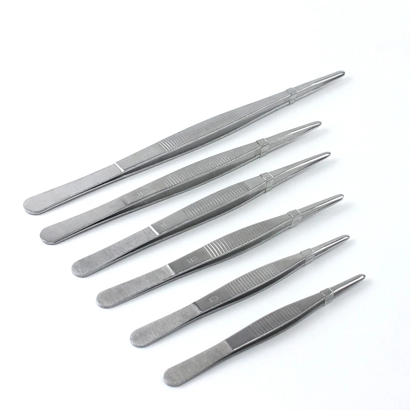 Stainless Steel Tweezers Large Lengthened Round Head With Anti-Slip Tooth Dressing Tweezers Thickened And Stiffened Straight