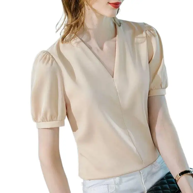 

2022 Fashion and Elegant V Neck Puff Sleeve Acetate Satin Shirt, Plus Size Chic Office Women Simple Versatile Ice Silk Top 6XL