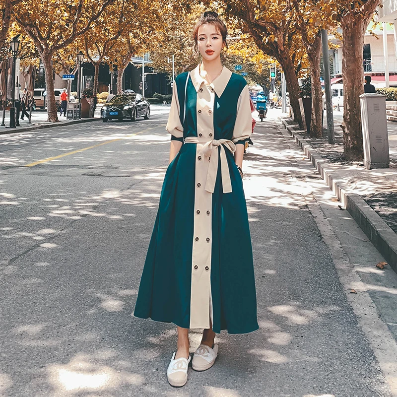 

2022 Spring New Double Breasted French Style Bandage Dress Women Vintage Elegant Loose Casual Long Sleeve Shirt Dresses 8817