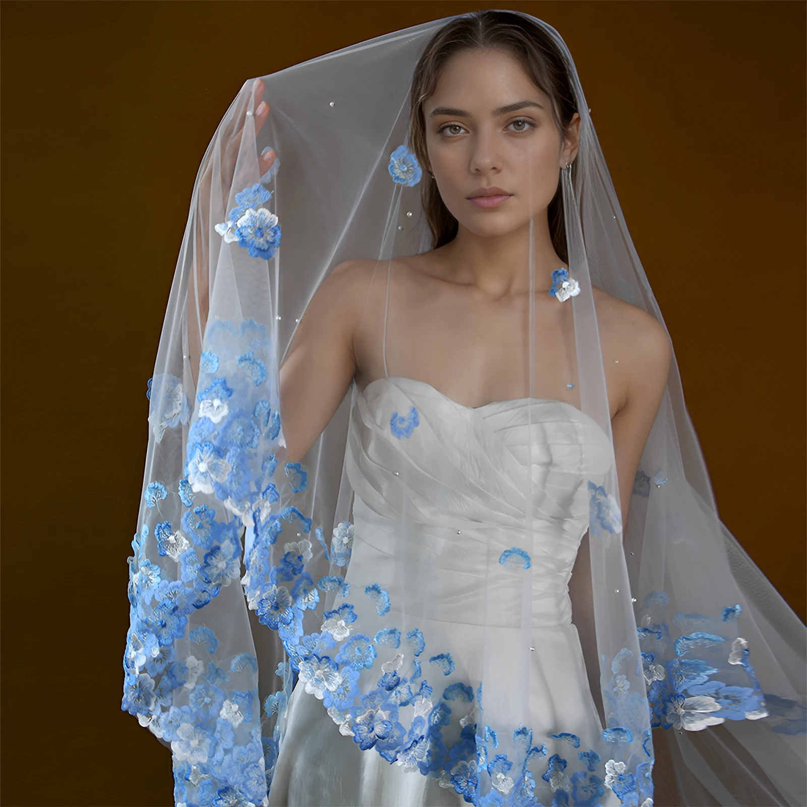 Кружевная свадебная фата синяя Фата невесты Enchantress 1 ярус из Мягкого Тюля без