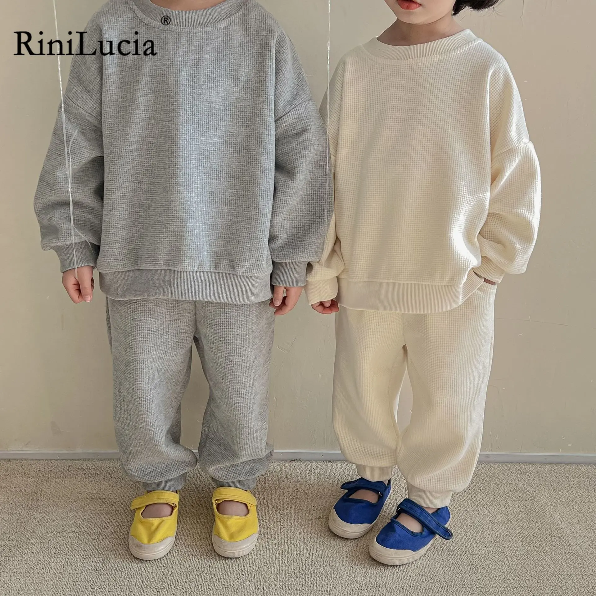 

RiniLucia 2022 Autumn New Kids Suit Fashion Solid Color Girls Set Korean Long Sleeve Top and Pant 2Pcs Casual Children Clothes