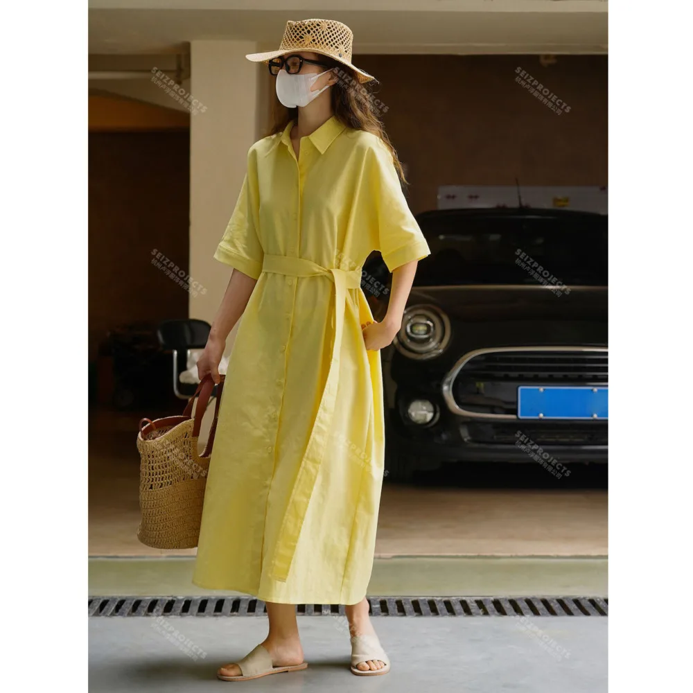 

Платье-рубашка женское льняное с коротким рукавом и воротником-поло