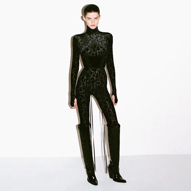 HIGH STREET Latest 2022 Fashion Star Style Designer Women's Waist Band Long Sleeve Leopard Emboss Velvet Stretchy Jumpsuit
