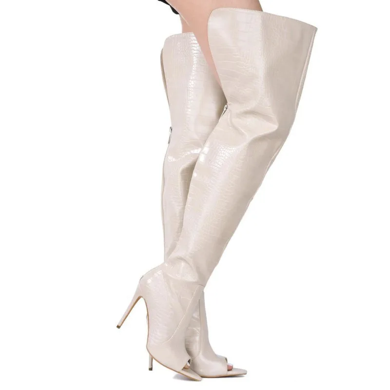 Женские высокие сапоги с открытым носком на молнии сзади