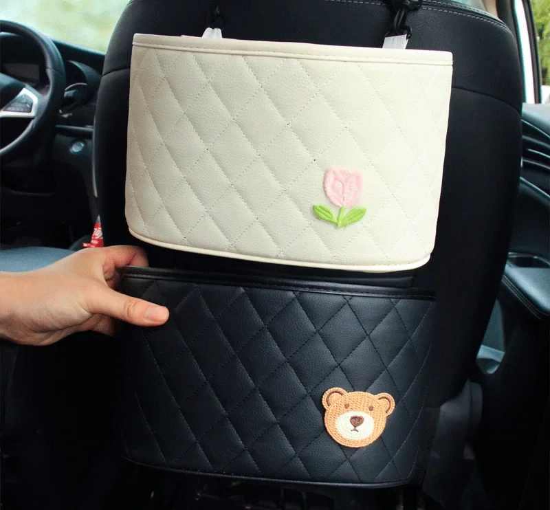 Черно-белый органайзер на спинку автомобильного сиденья из кожи ромашки и