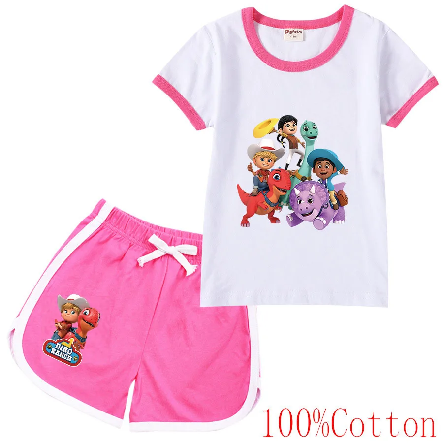 

Children Dino Ranch T Shirt Kids Short Sleeve T-Shirts+shorts 2Pcs Sets Baby Girls Cute Dinosaur Clothes Boys Leisure Sportsuits