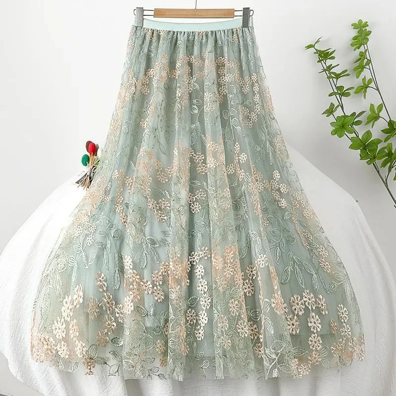 

Новинка 2021, модная Женская весенне-осенняя Тяжелая промышленная сетка с вышивкой, Корейская плиссированная трапециевидная юбка с высокой т...