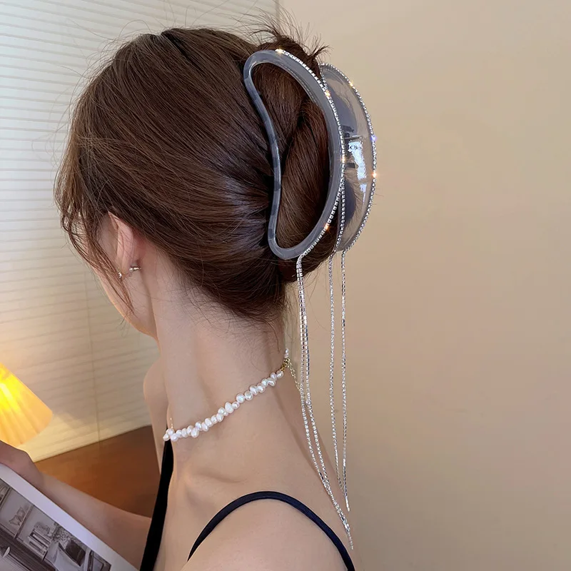 

2022 Trend Jelly Color Crescent Shape Claw Clip for Women Fashion Rhinestone Long Tassel Hair Clip Shark Clip Hair Accessories
