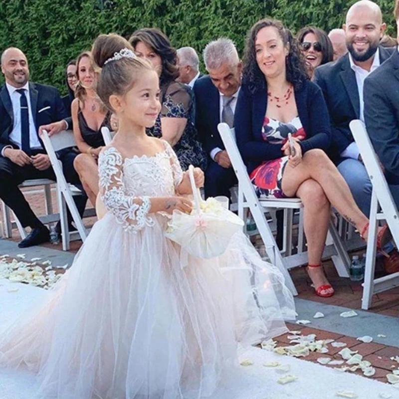 

Pageant Champagne Kids Puffy Lace Toddler Long Sleeves Flower Girl Dresses Princess Beach Wedding Children Wear Sheer Neck Baby