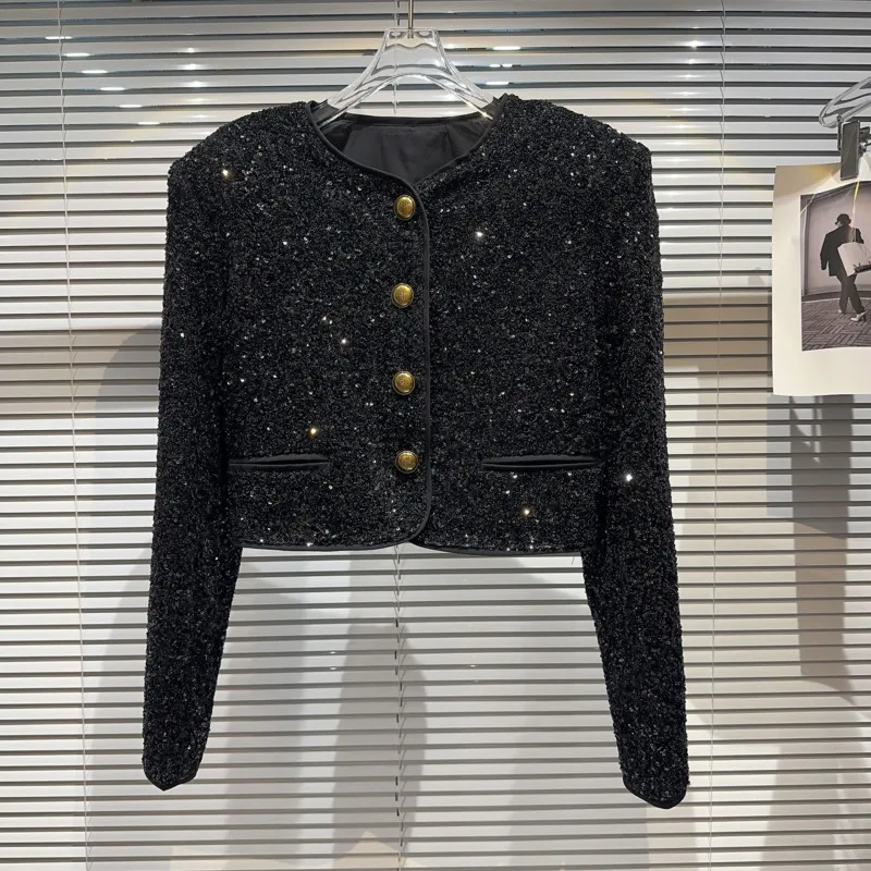 

BORVEMAYS Sequins Coat Women Temperament O Neck Single-breasted Long Sleeve Black All-match Jacket 2023 Autumn New WZ5442
