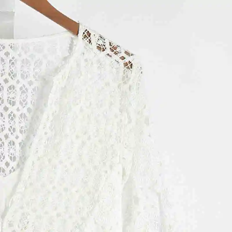 Women White Dress 2023 Summer New Lace Hollow Crochet Trumpet Sleeve Dress