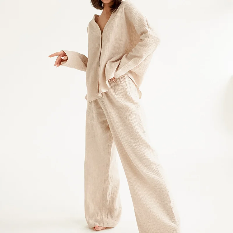 Excellent Product Women Pajama Sets Fashion Cardigan Wide Leg Trousers Sleepwear Pure Cotton Women's Home Clothes 2 Piece Suit