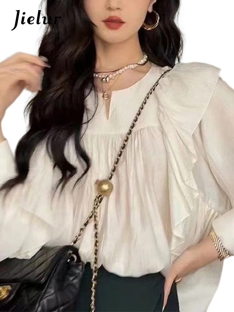 Jielur летний белый рукав фонаря женщины блузки французский стиль Ruffles Solid Color