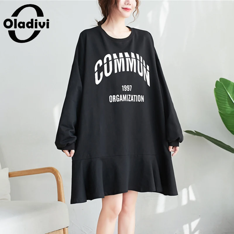 

Oladivi Oversized Women Long Sleeve Print Black Dress Loose Shirt Dresses Casual Top Cotton Tunics 8015 3XL 4XL 5XL 6XL 7XL 8XL
