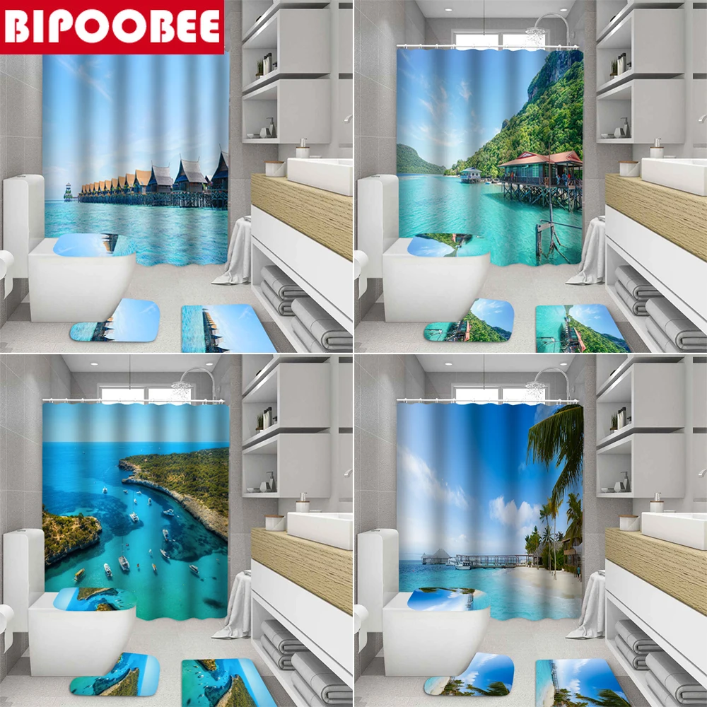 

Seaside Resort 3D Shower Curtain Bathroom Curtains Set Summer Ocean Sea Scenery Bath Mat Toilet Lid Cover Pedestal Non-Slip Rug