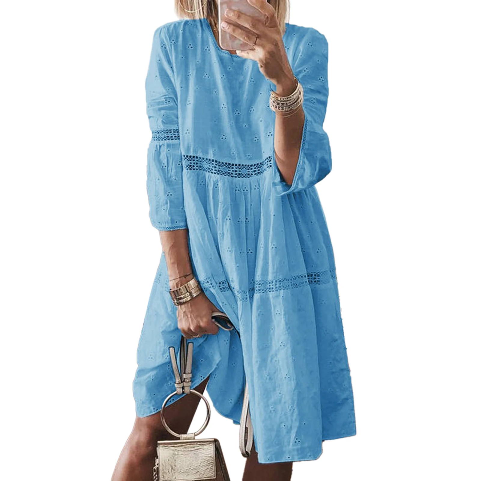 

Lightweight Ladies Soft Fashion Daily Beach Loose 3/4 Sleeve Out Splice Solid Crew Neck Summer Casual Women Midi Dress