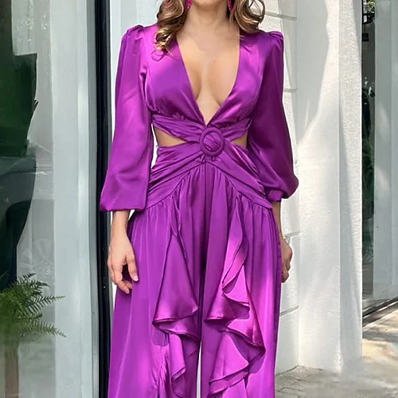 LIYONG Women Jumpsuit Fashion Sexy V Neck High Waist Long Sleeve Solid Pleated Ruffled Loose Wide Legs Romper High Streetwear