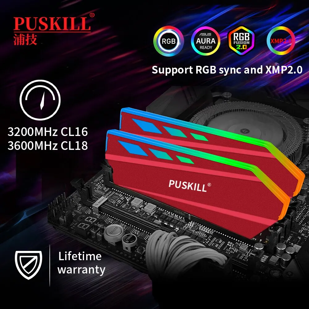 PUSKILL Memoria RGB RAM DDR4 8GBx2 16GBx2 3200 МГц 3600 CL16 1 35 В XPM2.0 Радиатор UDIMM Двухканальная настольная