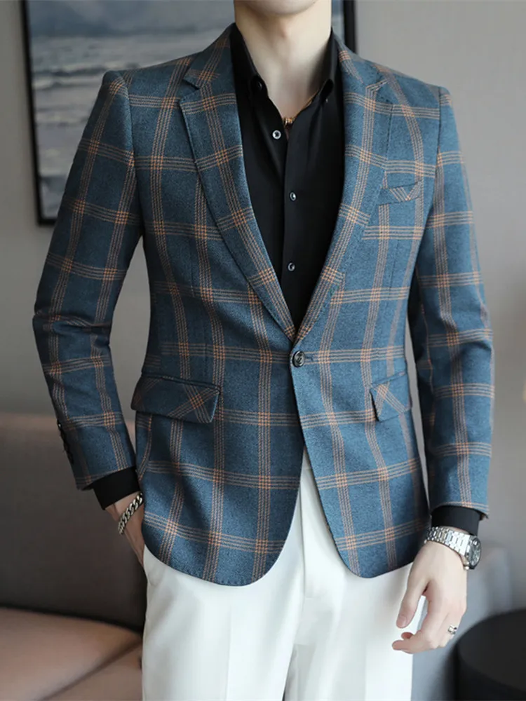 

Мужской весенне-осенний Новый Повседневный костюм в клетку с длинными рукавами куртка с лацканами однобортный женский повседневный костюм