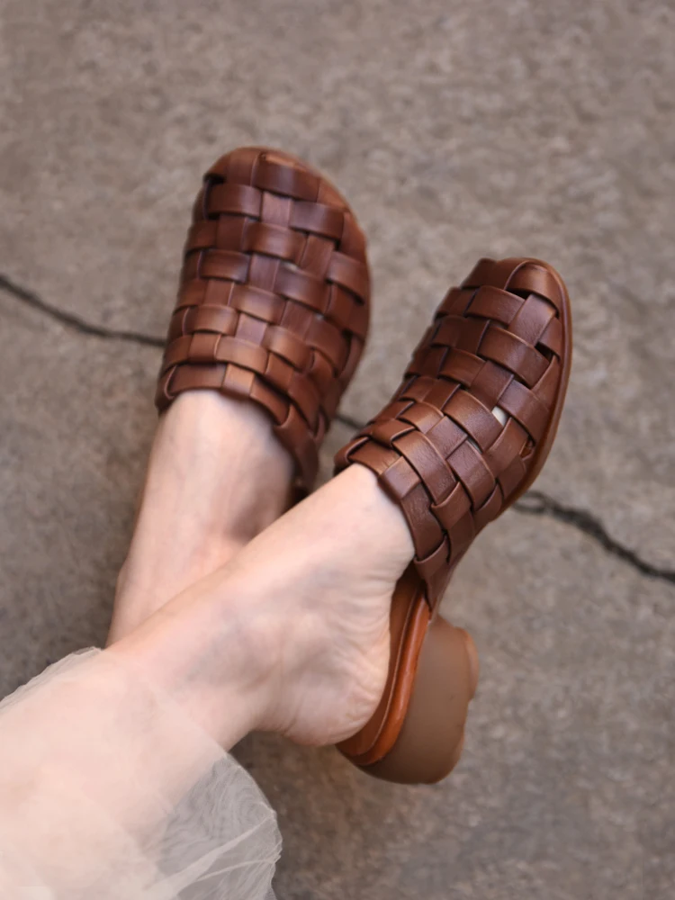 

Artmu тканые тапочки для женщин закрытый носок ручной работы тапочки Роскошная элегантная обувь из натуральной кожи толстые каблуки 3,5 см сандалии для девочек